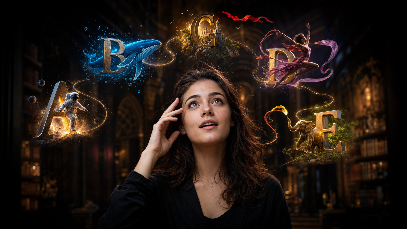 English Visualized memory palace with illustrated alphabet scenes