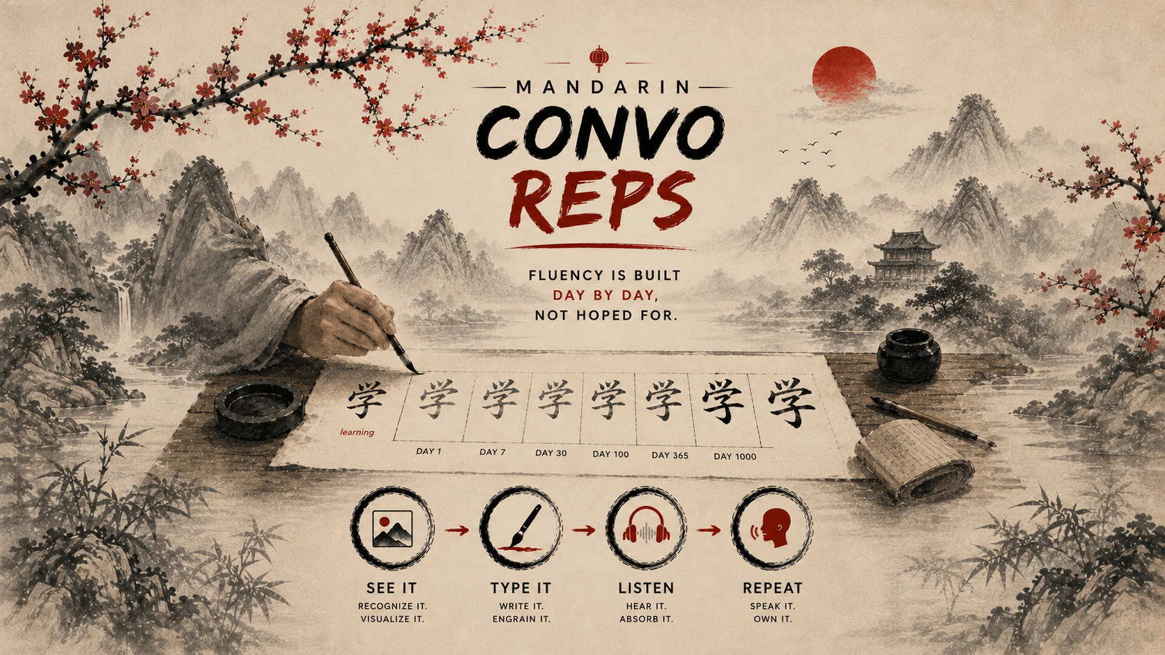 Mandarin Convo Reps brush-style learning poster